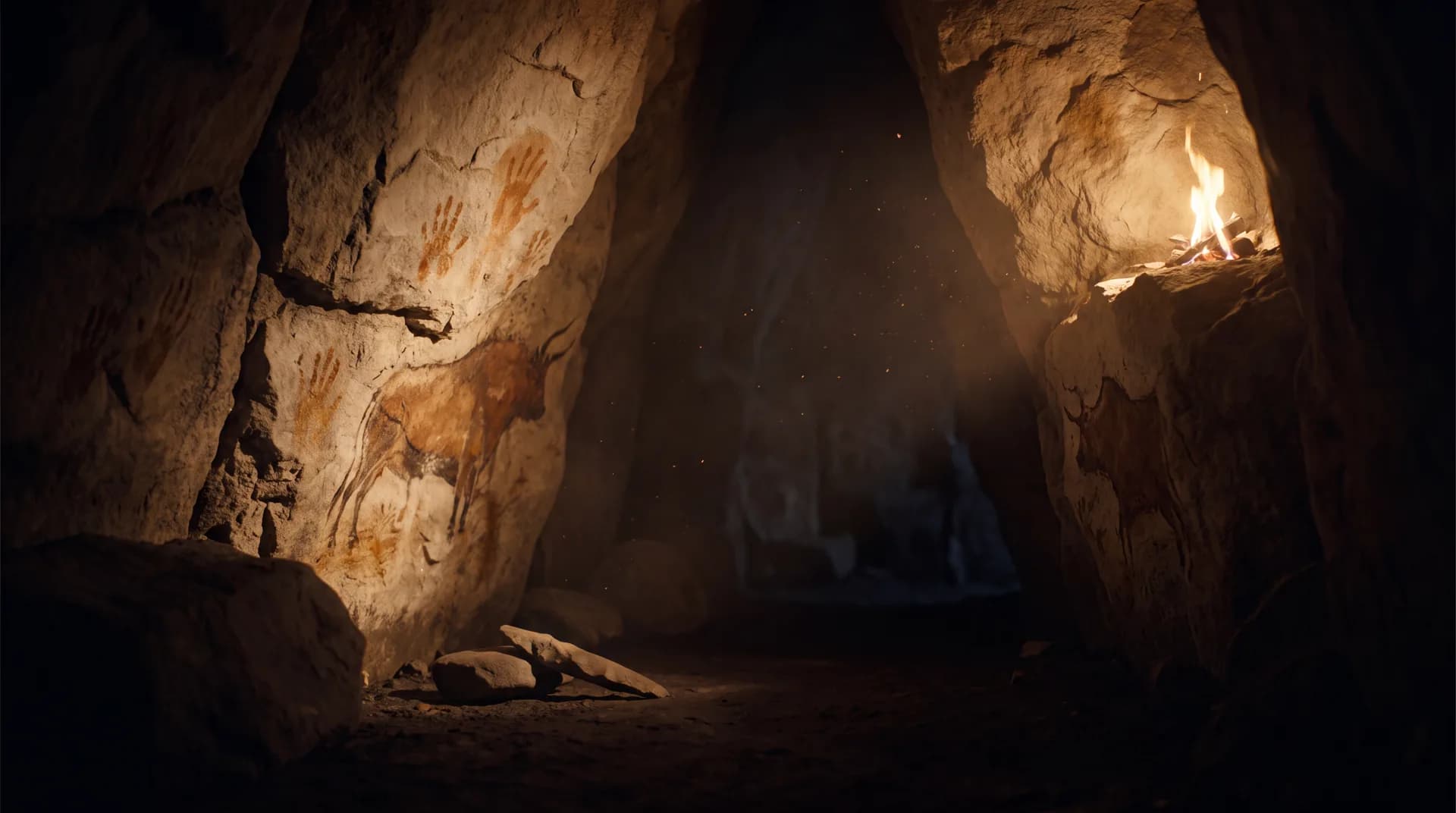 Firelight on a cave wall, early humans gathered in the dark