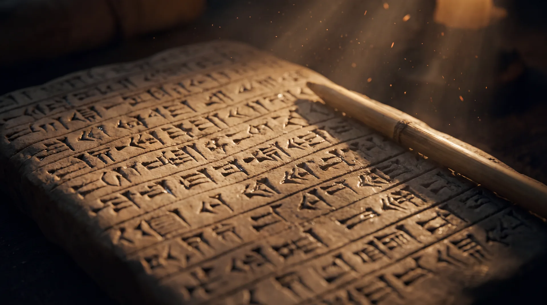 A Sumerian clay tablet covered in cuneiform, lit warm against darkness